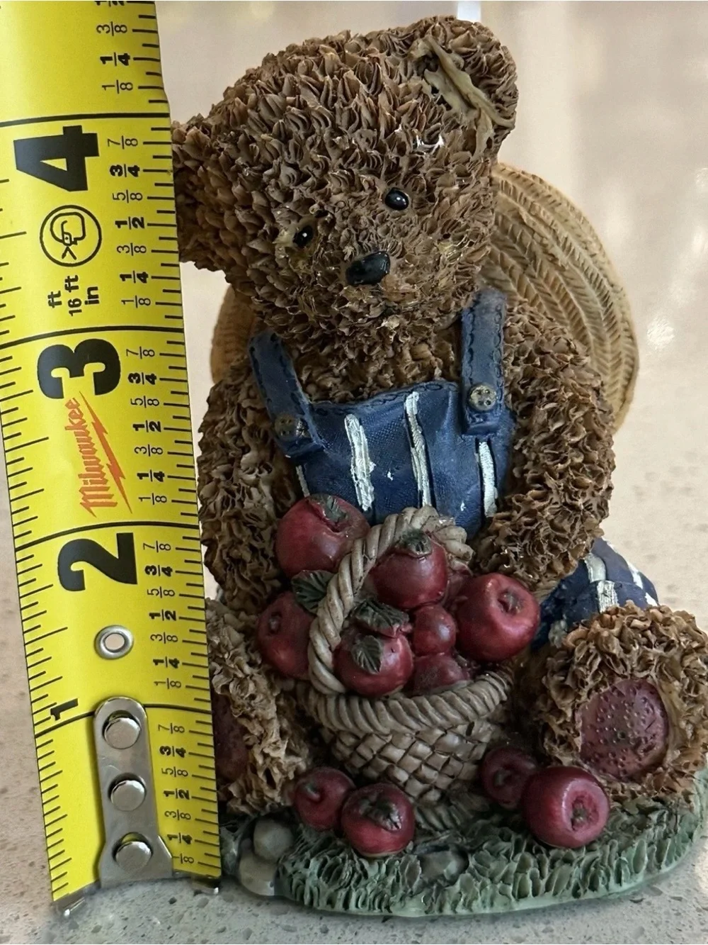 Brown Bear Figurine with Blue Striped Overalls & Apple Basket